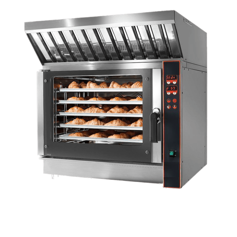 Forno con Cappa a Condensazione, su sfondo bianco, nella parte allta si vede una cappa sopra al forno con griglie in acciaio. Sotto forno con frontale comandi digitale e spie luci, affianco sportello con maniglia in vetro