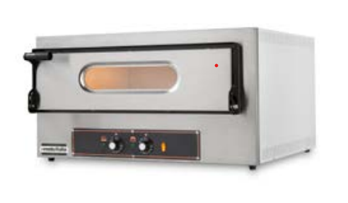 Forno pizza in acciaio, sportello frontale di apertura con rifiniture laterali e maniglia nera, vetro per visione interno camera. Sotto sportello comandi