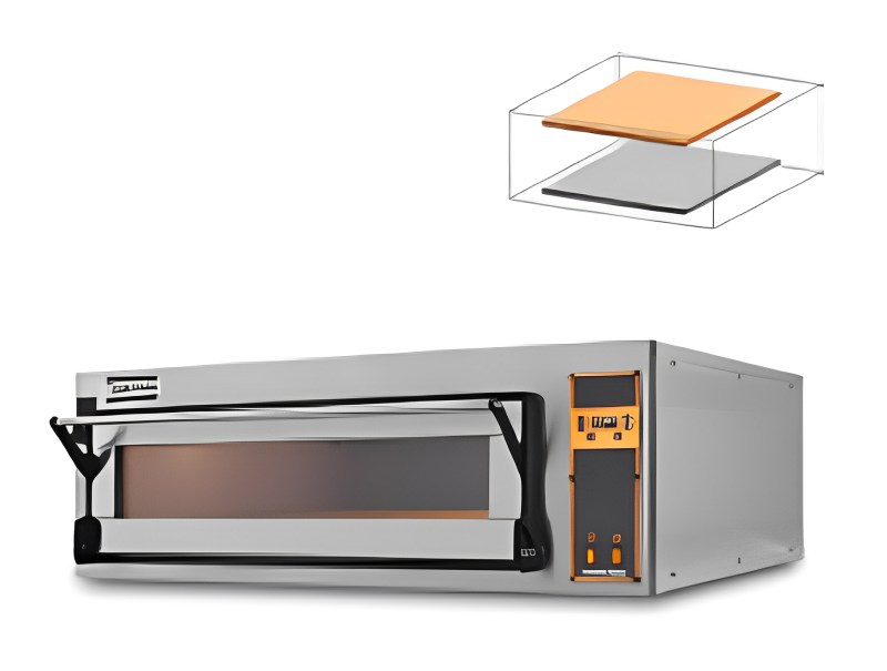 Forno pizza professionale con porta vetro e comandi digitali sul lato destro, sopra disegno 2 D che dimostra i piani refrattari