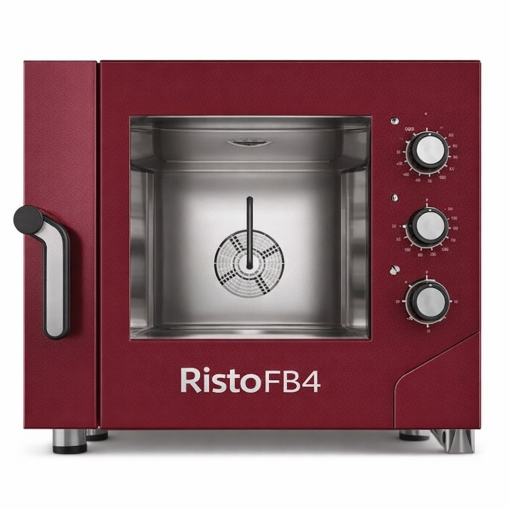 Forno cinque teglie vista frontale, colore rosso RAL 3005 e vetro, scritta RistoFB4 sotto.. C on apertura maniglia a sinistra e tre manopole lato destro per regolazioni