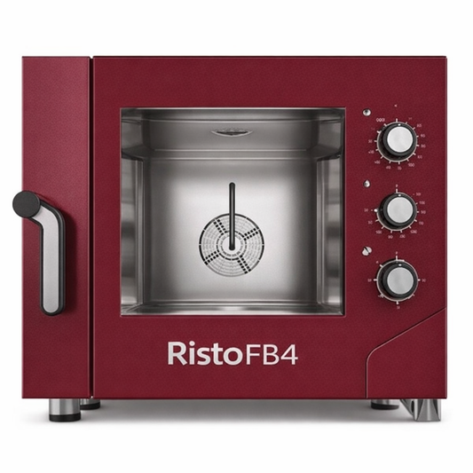 Forno cinque teglie vista frontale, colore rosso RAL 3005 e vetro, scritta RistoFB4 sotto.. C on apertura maniglia a sinistra e tre manopole lato destro per regolazioni