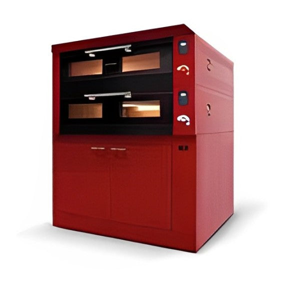 Primo piano del Forno Pizza Jack in color rosso e sportelli neri, con lievitatore