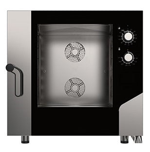 Forno composto principalmente da 3 colori, scocca costruita in acciaio inox color grigio satinato, con frontale porta vetro, pannello color nero e 2 manopole comandi bianche, sfondo foto bianco. Sono ben visibili i piedini che sostengono il forno nella parte sottostante per appoggio anche su tavolo, la maniglia color grigio nero e le ventole dentro al forno